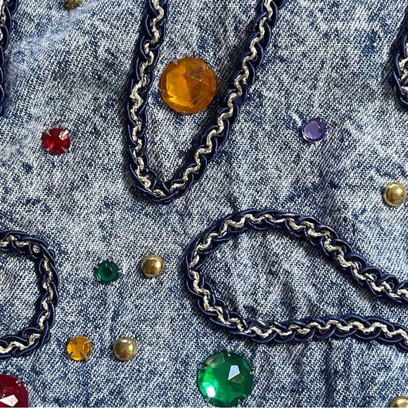 Vintage Cache acid wash blue denim embellished padded shoulders button up SZ S - Picture 3 of 11